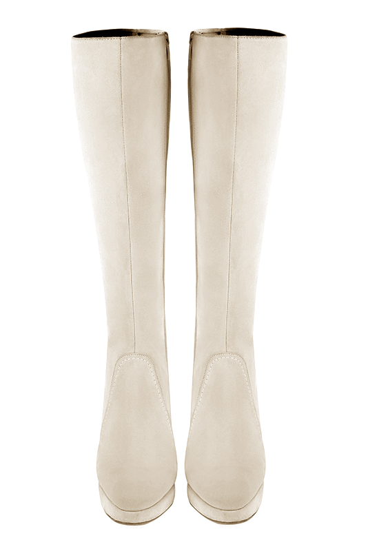 Off white women's feminine knee-high boots. Round toe. Very high slim heel with a platform at the front. Made to measure. Top view - Florence KOOIJMAN